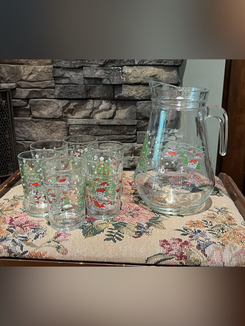 Holiday Glass Pitcher and Tumblers Set - Clear with Red & Green Holiday Print